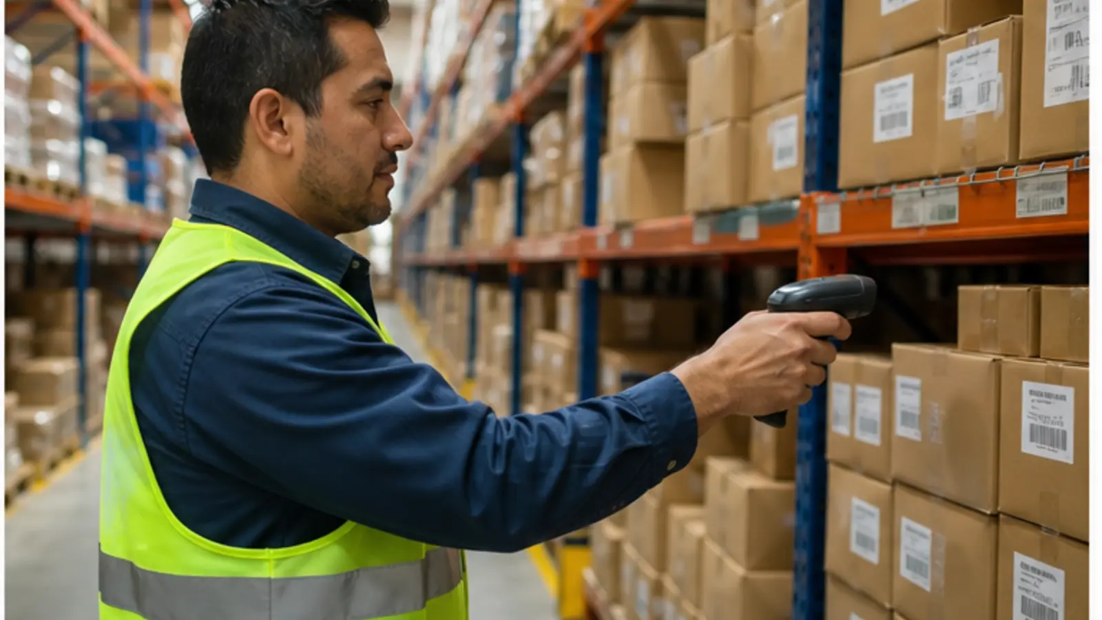 Pasillo de almacén con estanterías y cajas para gestión WMS.