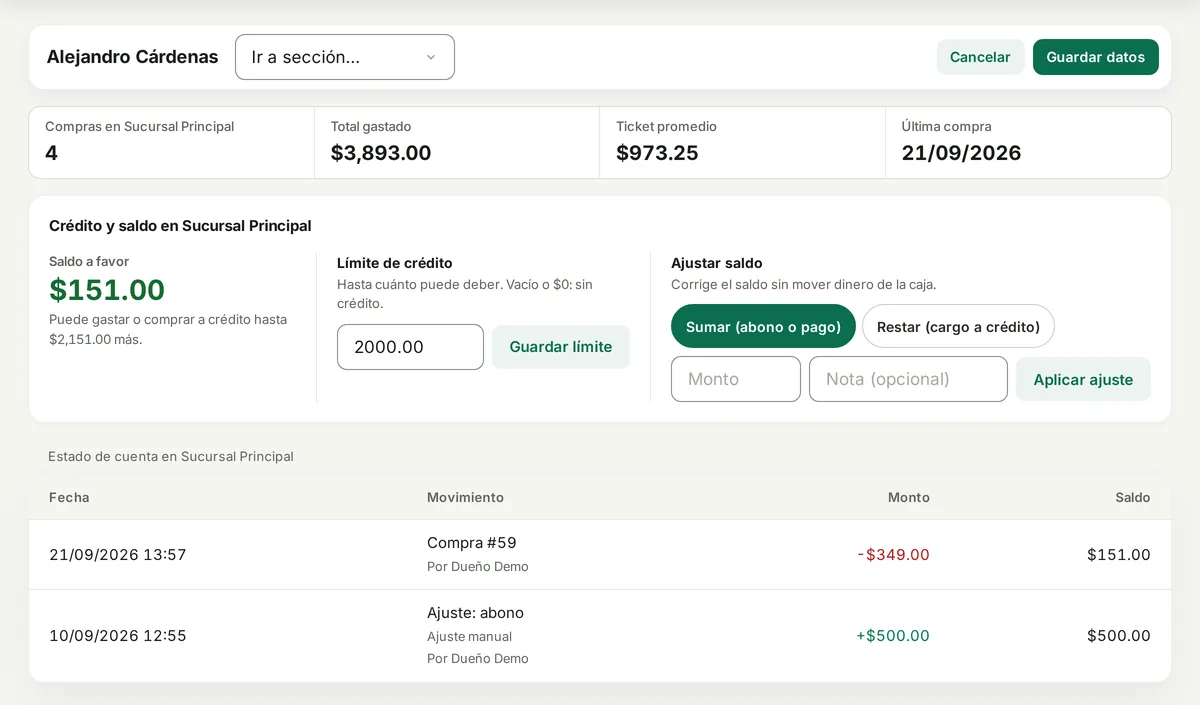 Ficha de cliente en Comercio Simple con límite de crédito, ajuste de saldo y estado de cuenta