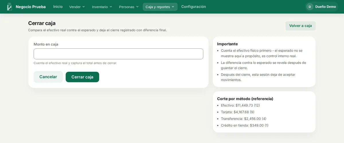 Pantalla de cierre de caja en Comercio Simple con el conteo del efectivo y el corte por forma de pago