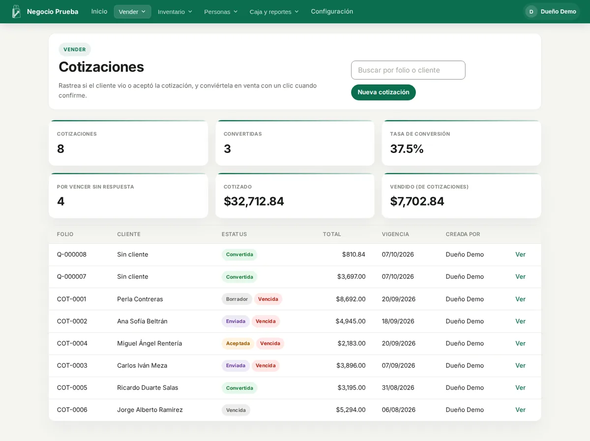 Lista de cotizaciones en Comercio Simple con tasa de conversión y estatus de cada cotización