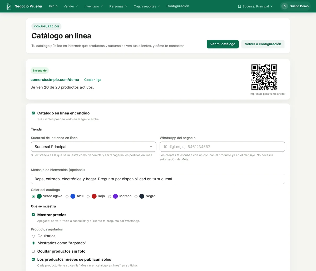 Configuración del catálogo en línea en Comercio Simple con enlace propio, código QR y opciones de la tienda